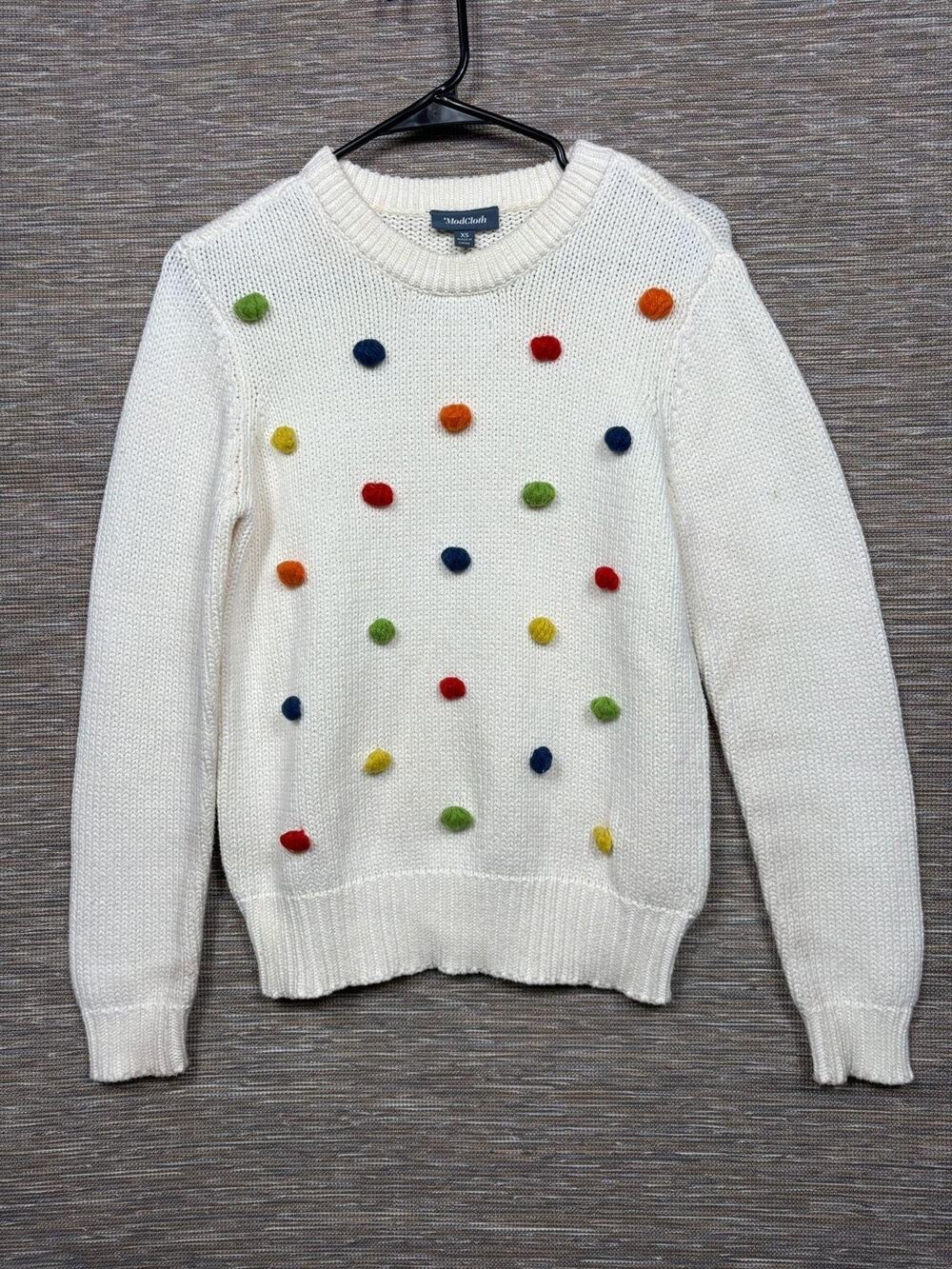 ModCloth Sweater Womens XS White Pom Pom Polka Dot Knit Crew Pullover Rainbow